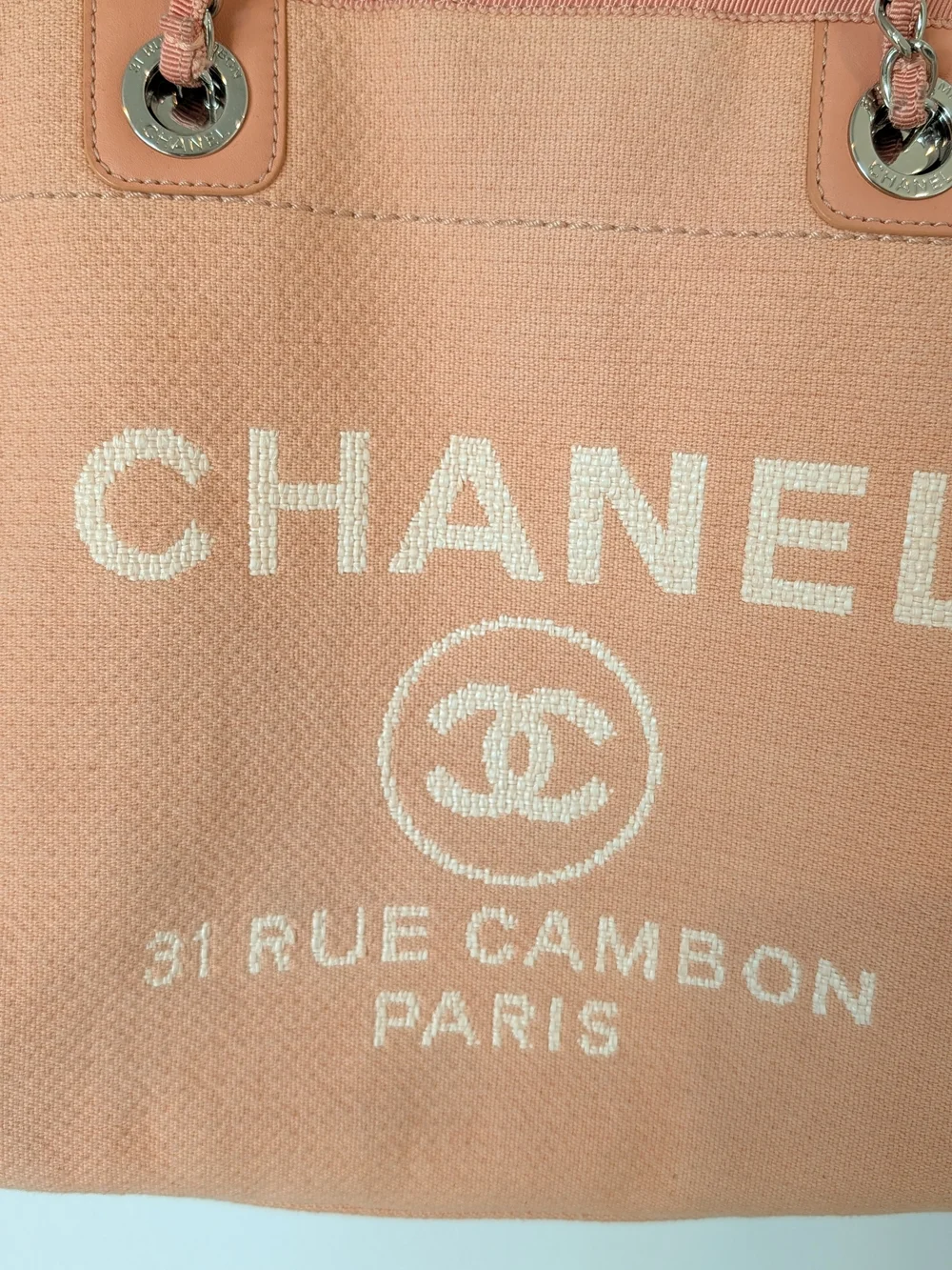 CHANEL Deauville Peach Chain-Handle Logo Tote - Picture 2 of 16